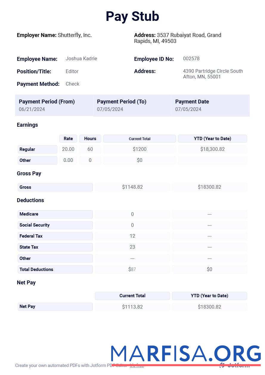 Downloadable Shutterfly, Inc. pay stub real example
